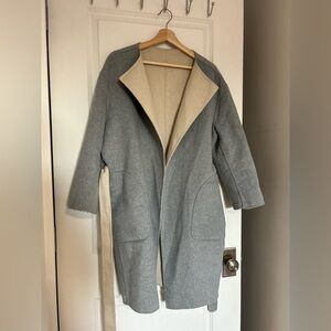 Reversible Cream and Gray Wool-Blend Cocoon Coat with Tie Belt
